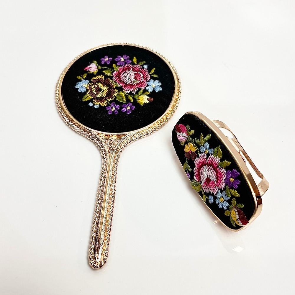 Vintage Austria Petit Point Floral Hand Mirror and Lipstick Case Vanity Set Gold